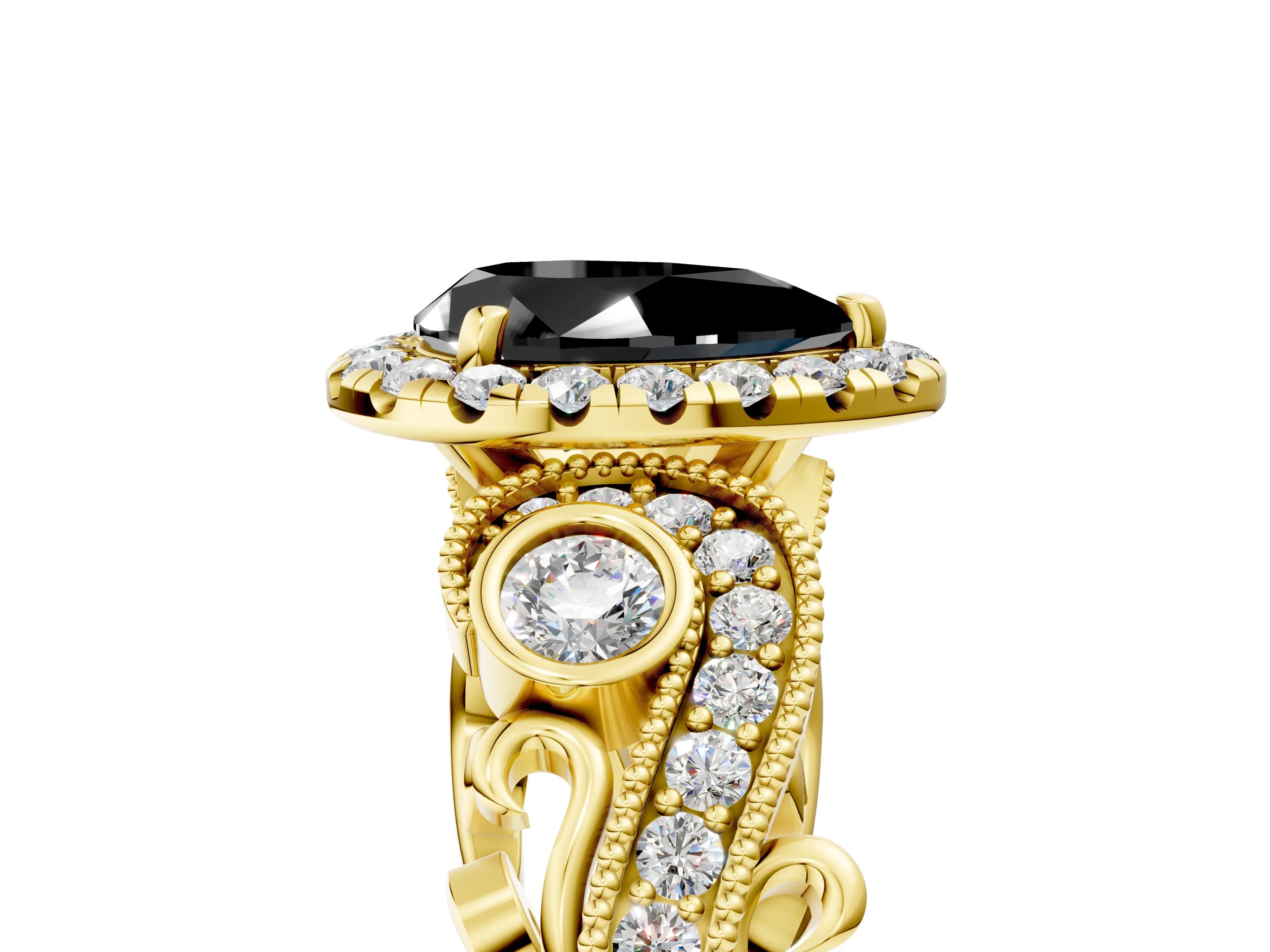 Yellow gold Fancy Black Pear Cut Halo Diamond Ring with Milgrain and Bezel Accents on a Split Shank Band_5