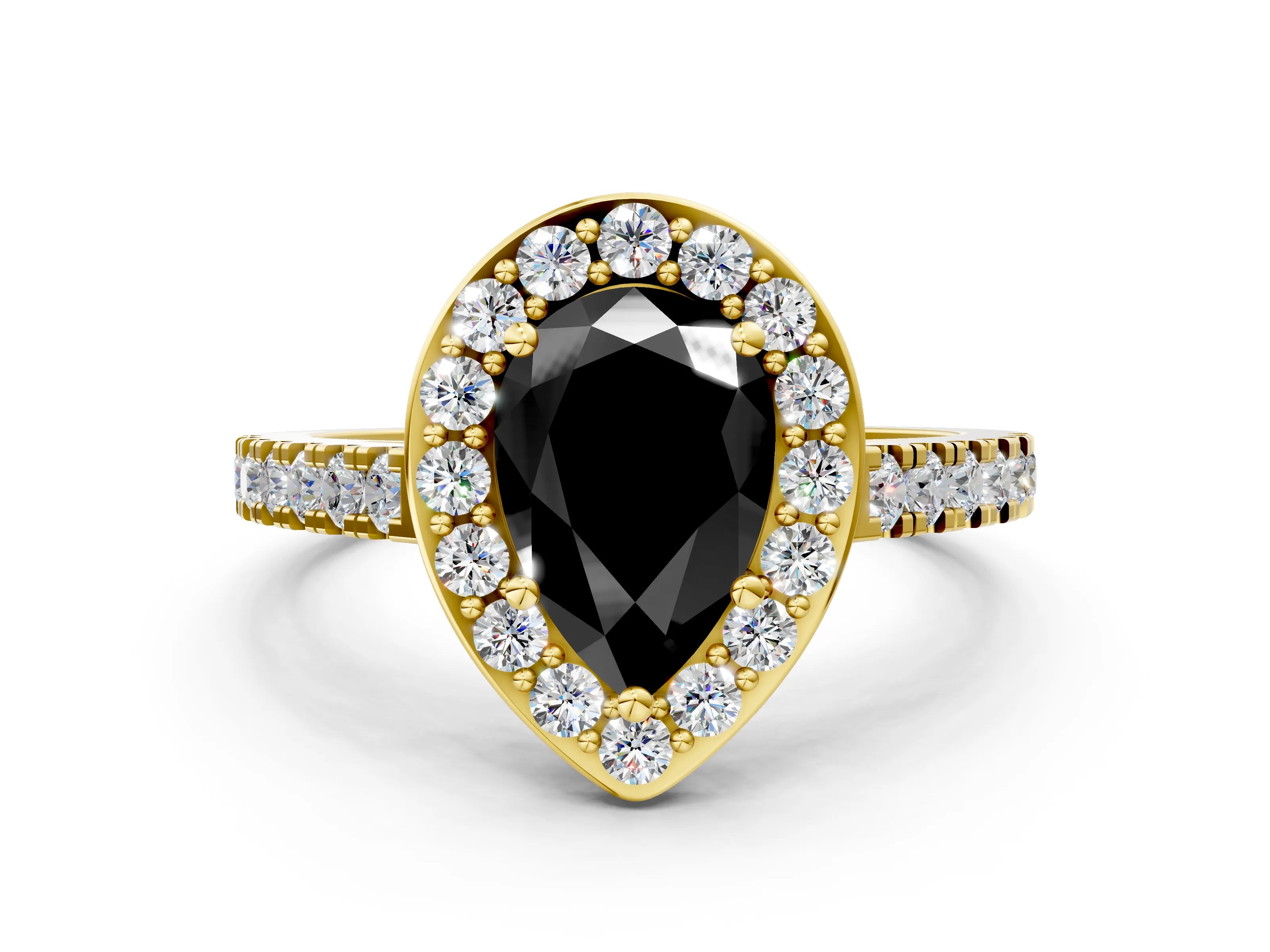 Yellow gold Fancy Black Pear Cut Halo Diamond Ring with Pavé Band and Three-Prong Setting