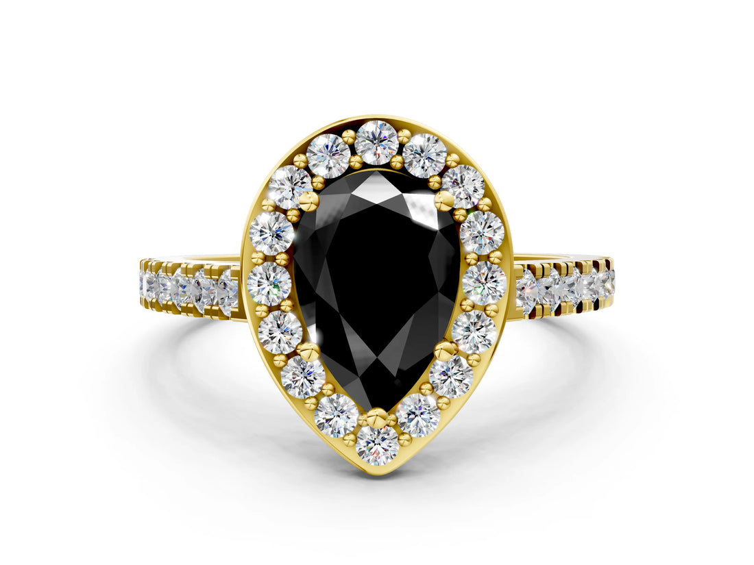 Yellow gold Fancy Black Pear Cut Halo Diamond Ring with Pavé Band and Three-Prong Setting