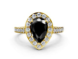 Yellow gold Fancy Black Pear Cut Halo Diamond Ring with Pavé Band and Three-Prong Setting