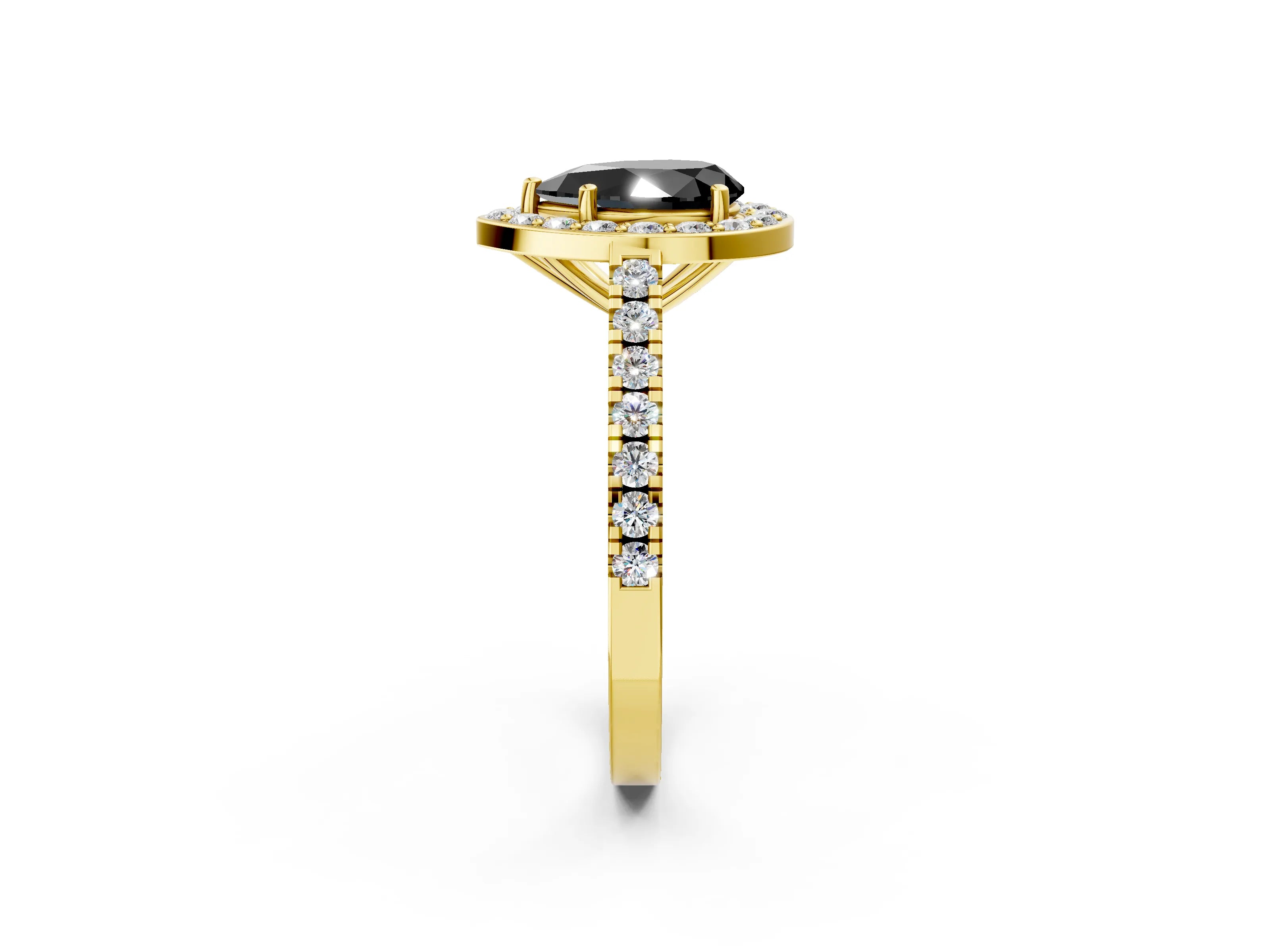 Yellow gold Fancy Black Pear Cut Halo Diamond Ring with Pavé Band and Three-Prong Setting_2