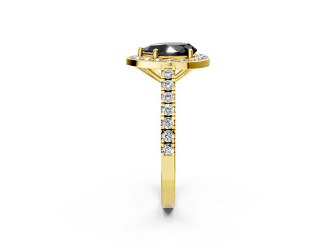 Yellow gold Fancy Black Pear Cut Halo Diamond Ring with Pavé Band and Three-Prong Setting_2