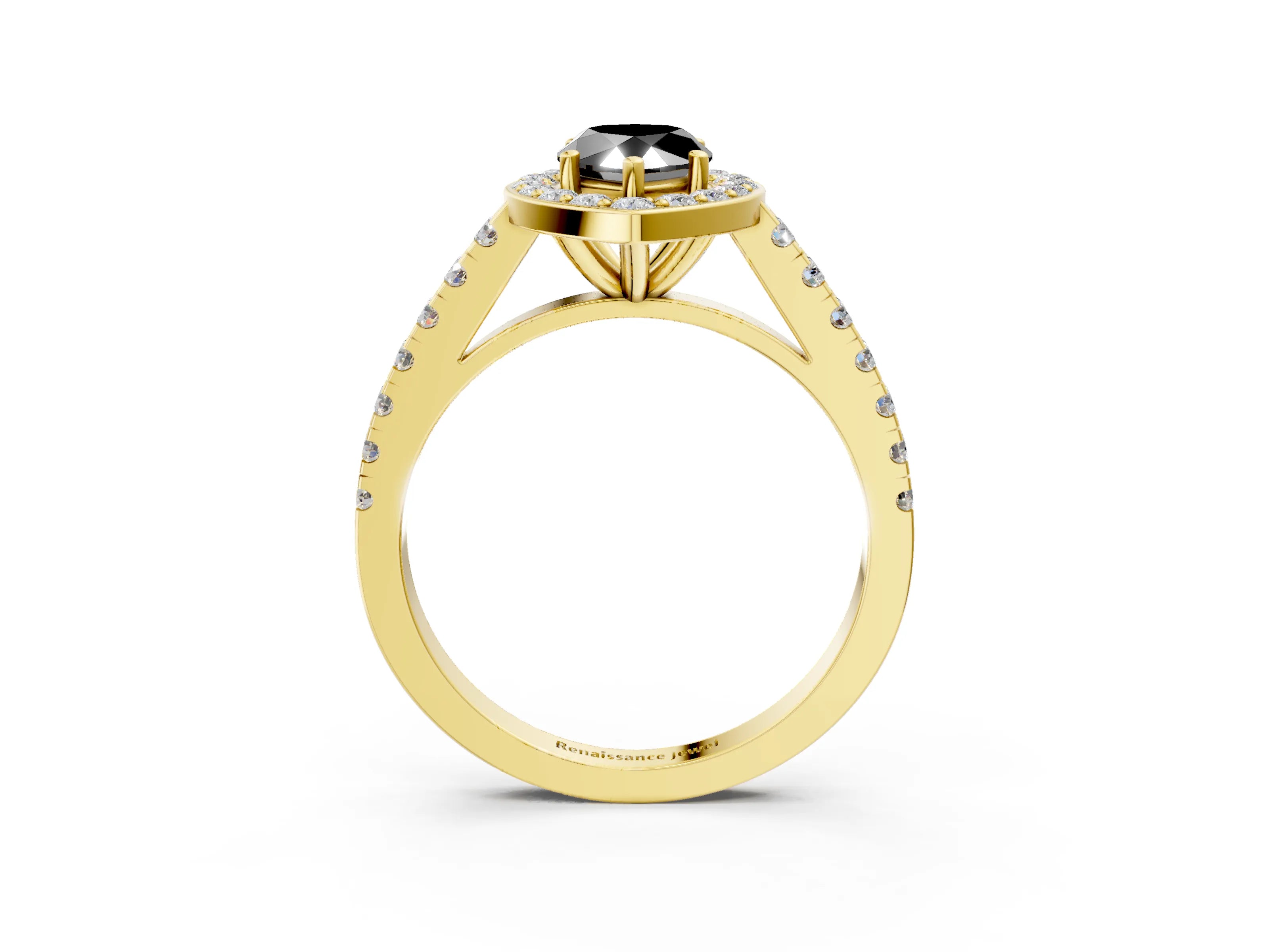 Yellow gold Fancy Black Pear Cut Halo Diamond Ring with Pavé Band and Three-Prong Setting_3