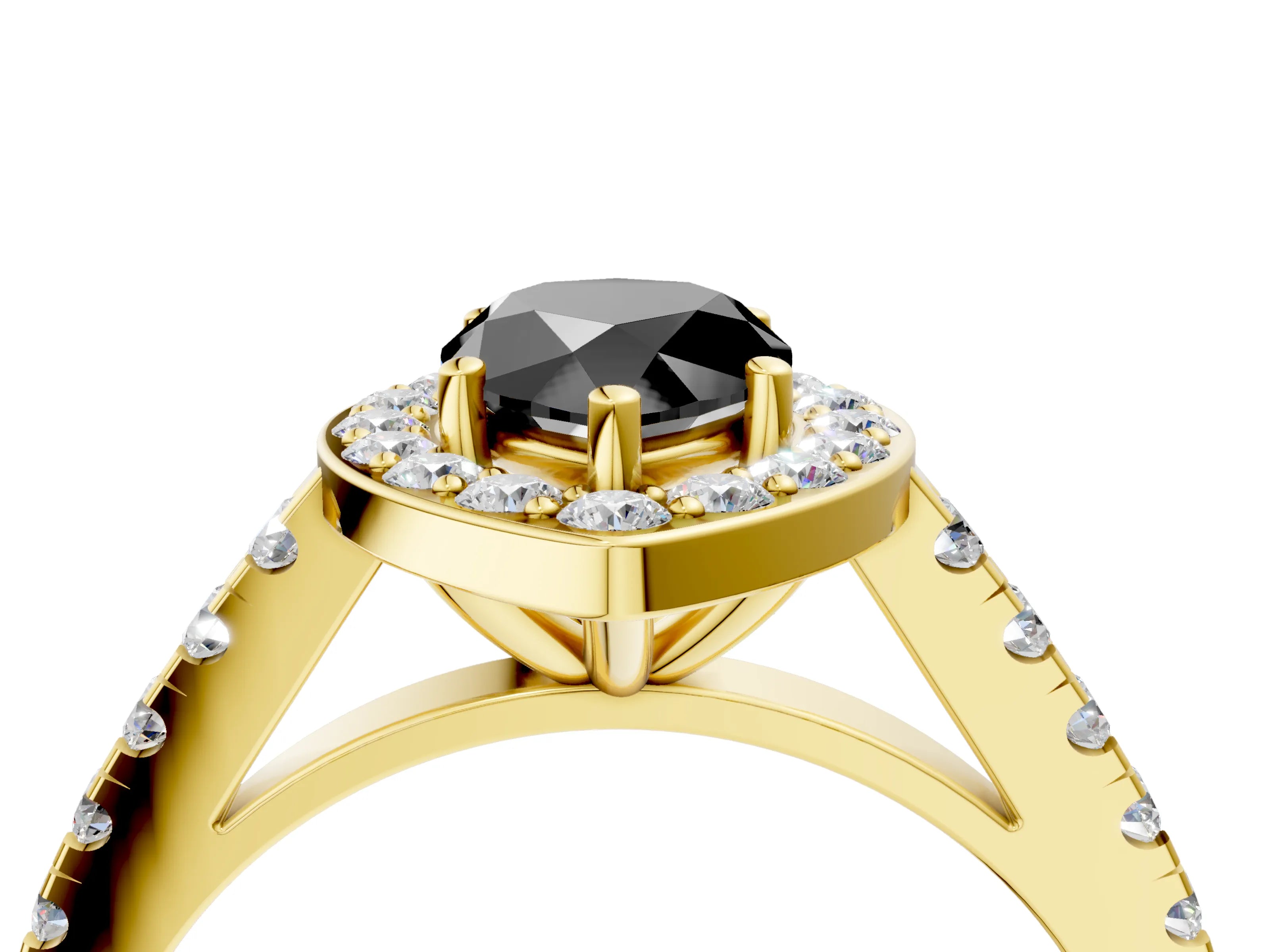 Yellow gold Fancy Black Pear Cut Halo Diamond Ring with Pavé Band and Three-Prong Setting_4