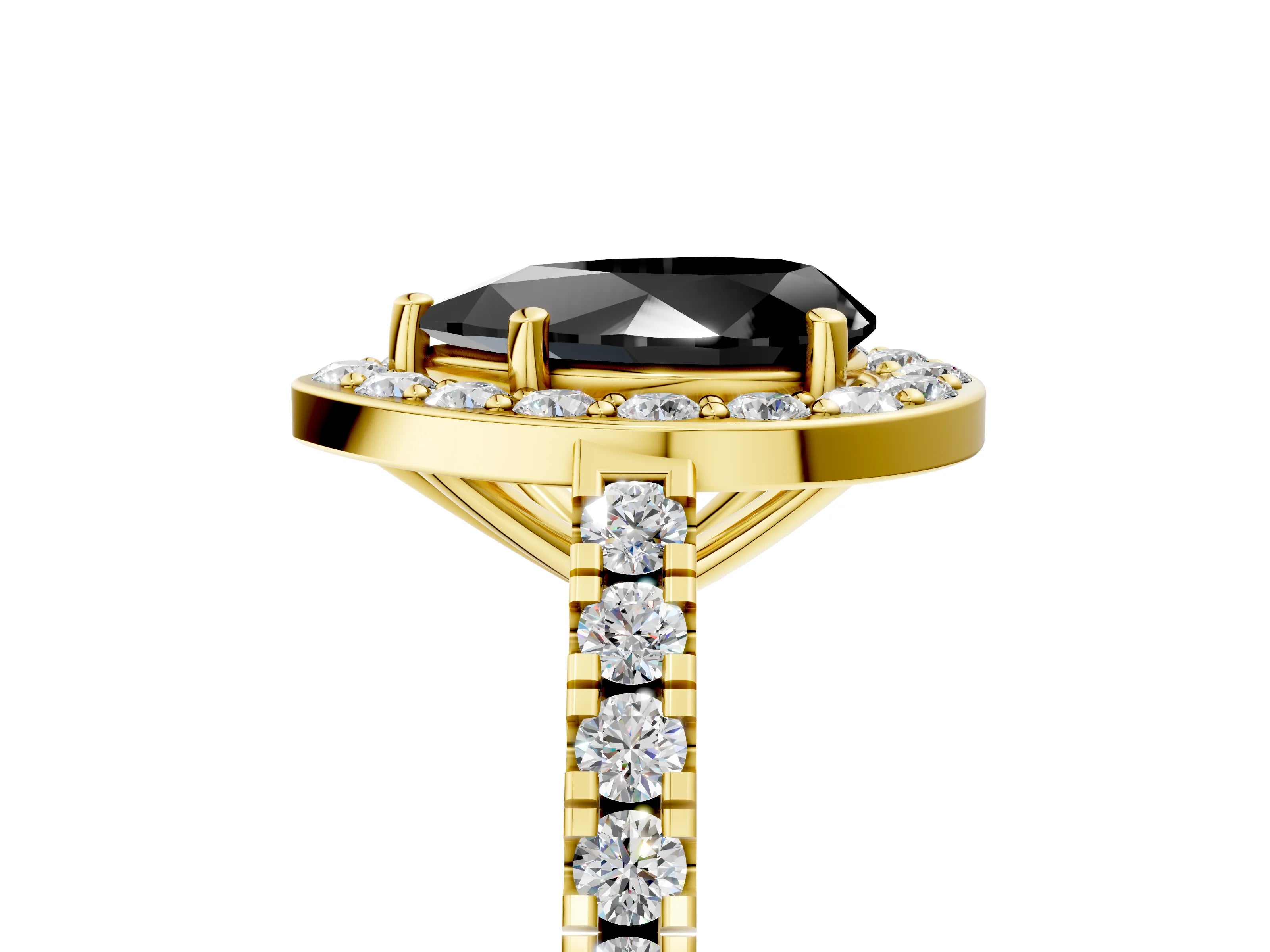 Yellow gold Fancy Black Pear Cut Halo Diamond Ring with Pavé Band and Three-Prong Setting_5