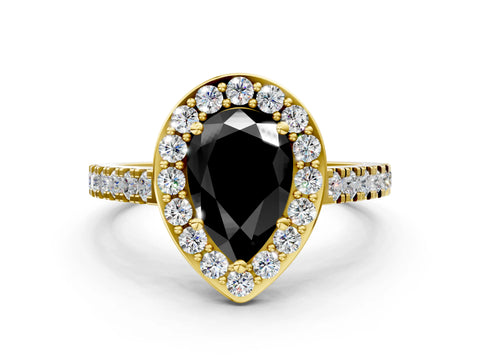 Yellow gold Fancy Black Pear Cut Halo Diamond Ring with Pavé Band and Three-Prong Setting