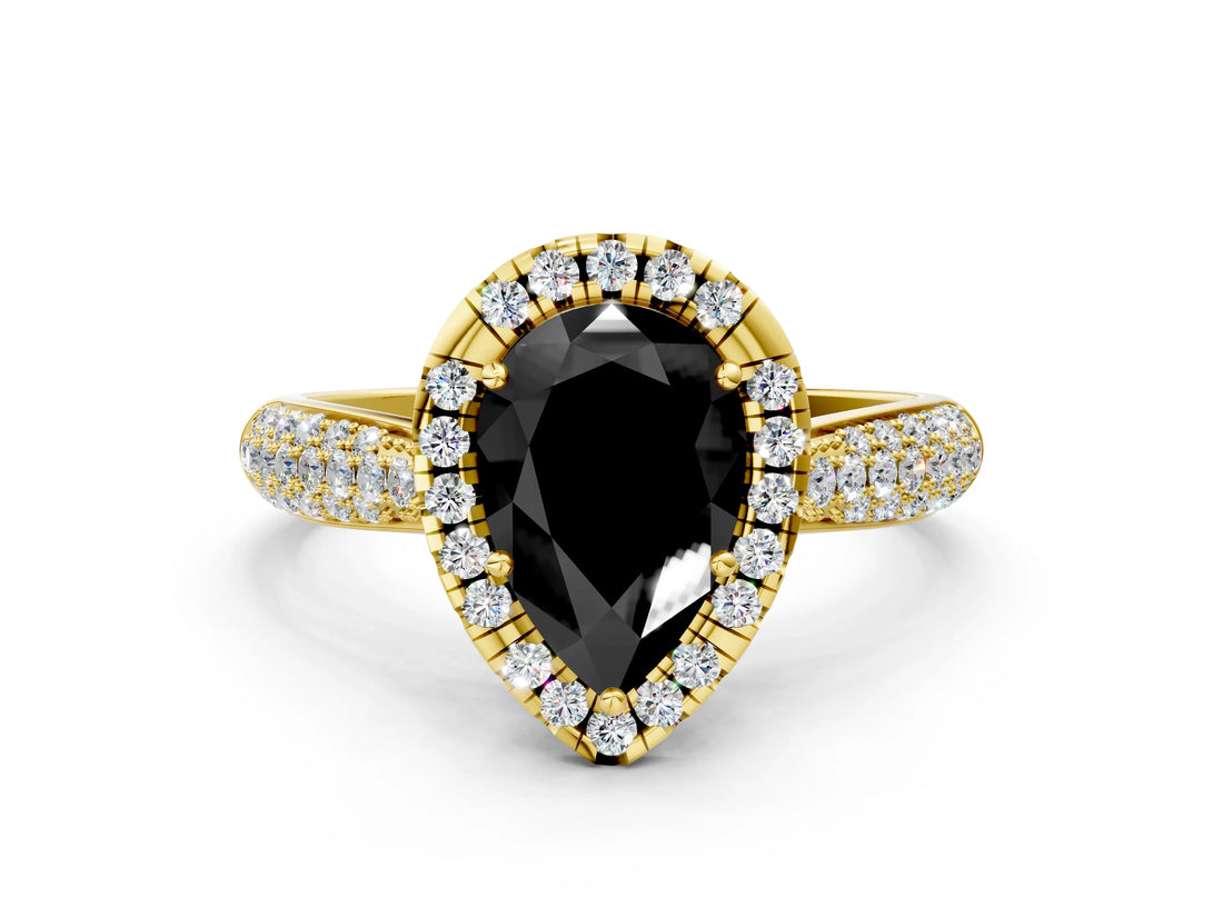 Yellow gold Fancy Black Pear Cut Halo Diamond Ring with Pavé Band