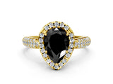 Yellow gold Fancy Black Pear Cut Halo Diamond Ring with Pavé Band
