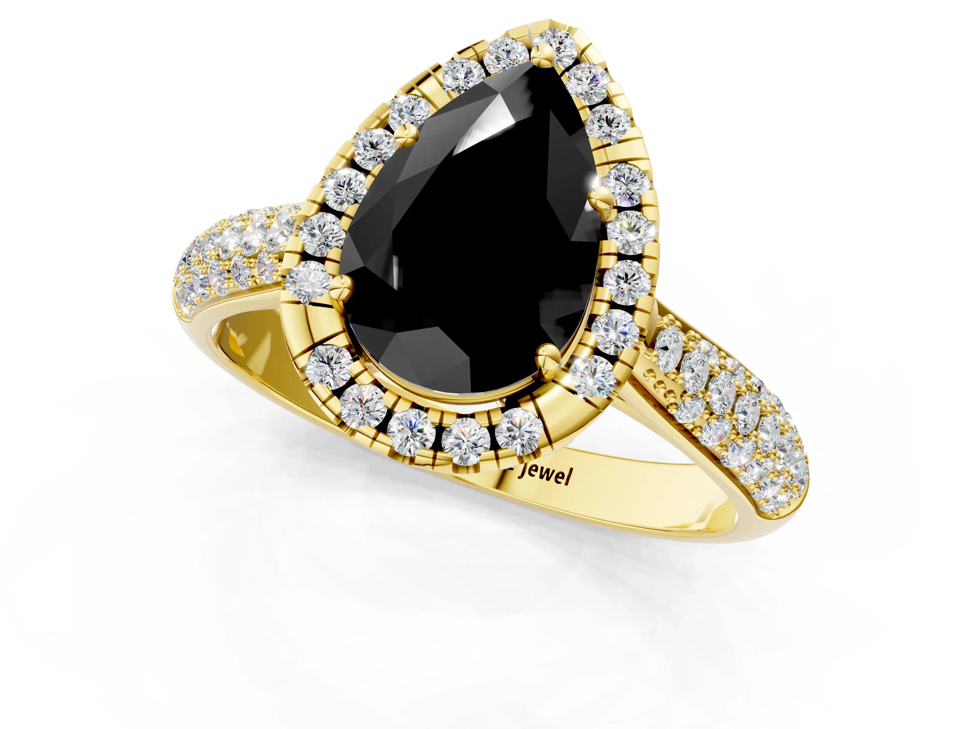 Yellow gold Fancy Black Pear Cut Halo Diamond Ring with Pavé Band_1