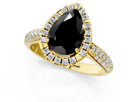 Yellow gold Fancy Black Pear Cut Halo Diamond Ring with Pavé Band_1