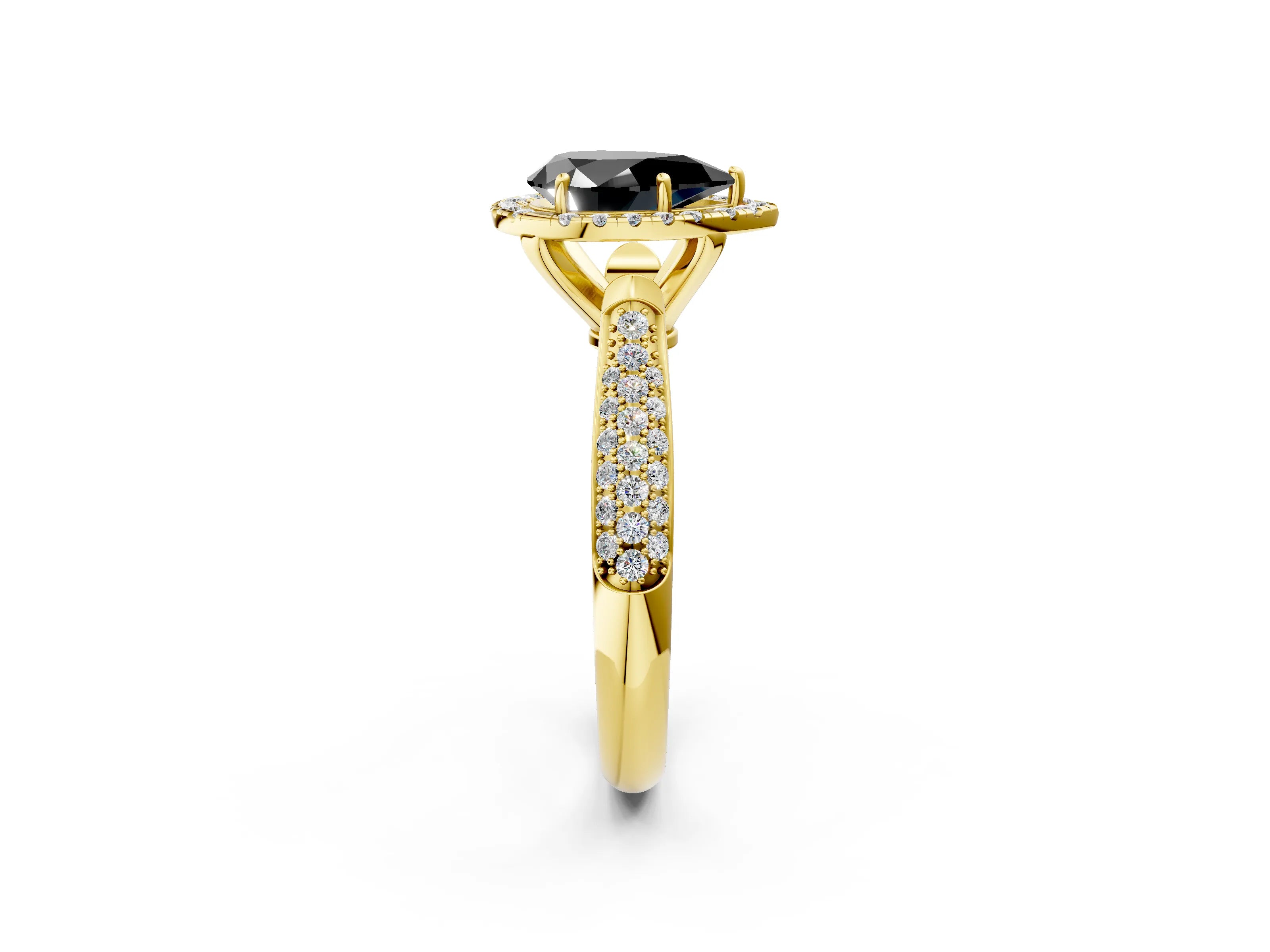 Yellow gold Fancy Black Pear Cut Halo Diamond Ring with Pavé Band_2