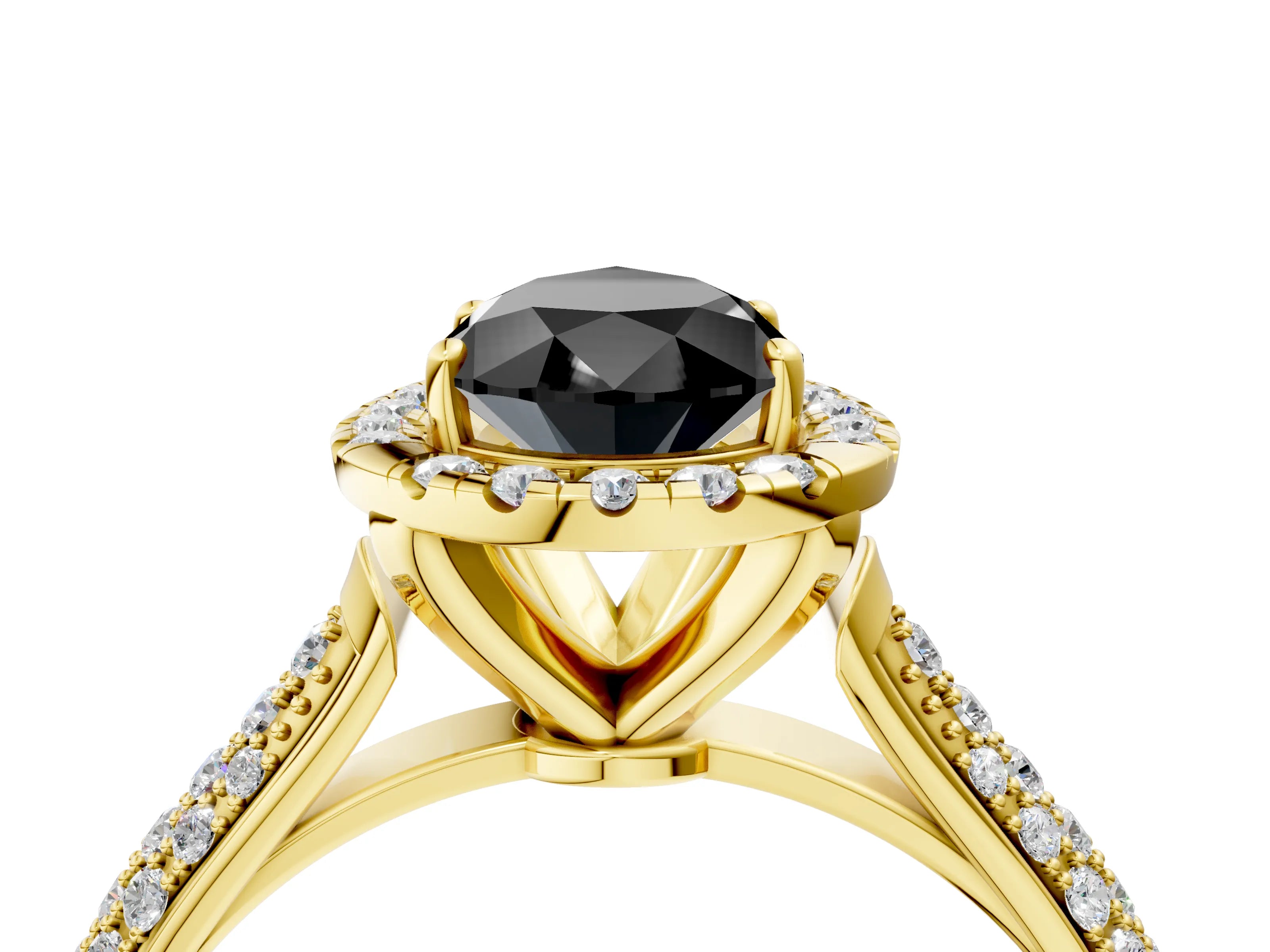 Yellow gold Fancy Black Pear Cut Halo Diamond Ring with Pavé Band_4
