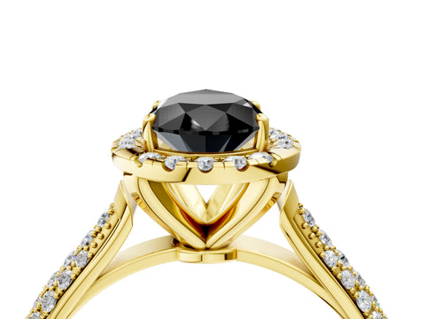Yellow gold Fancy Black Pear Cut Halo Diamond Ring with Pavé Band_4