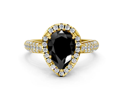 Yellow gold Fancy Black Pear Cut Halo Diamond Ring with Pavé Band
