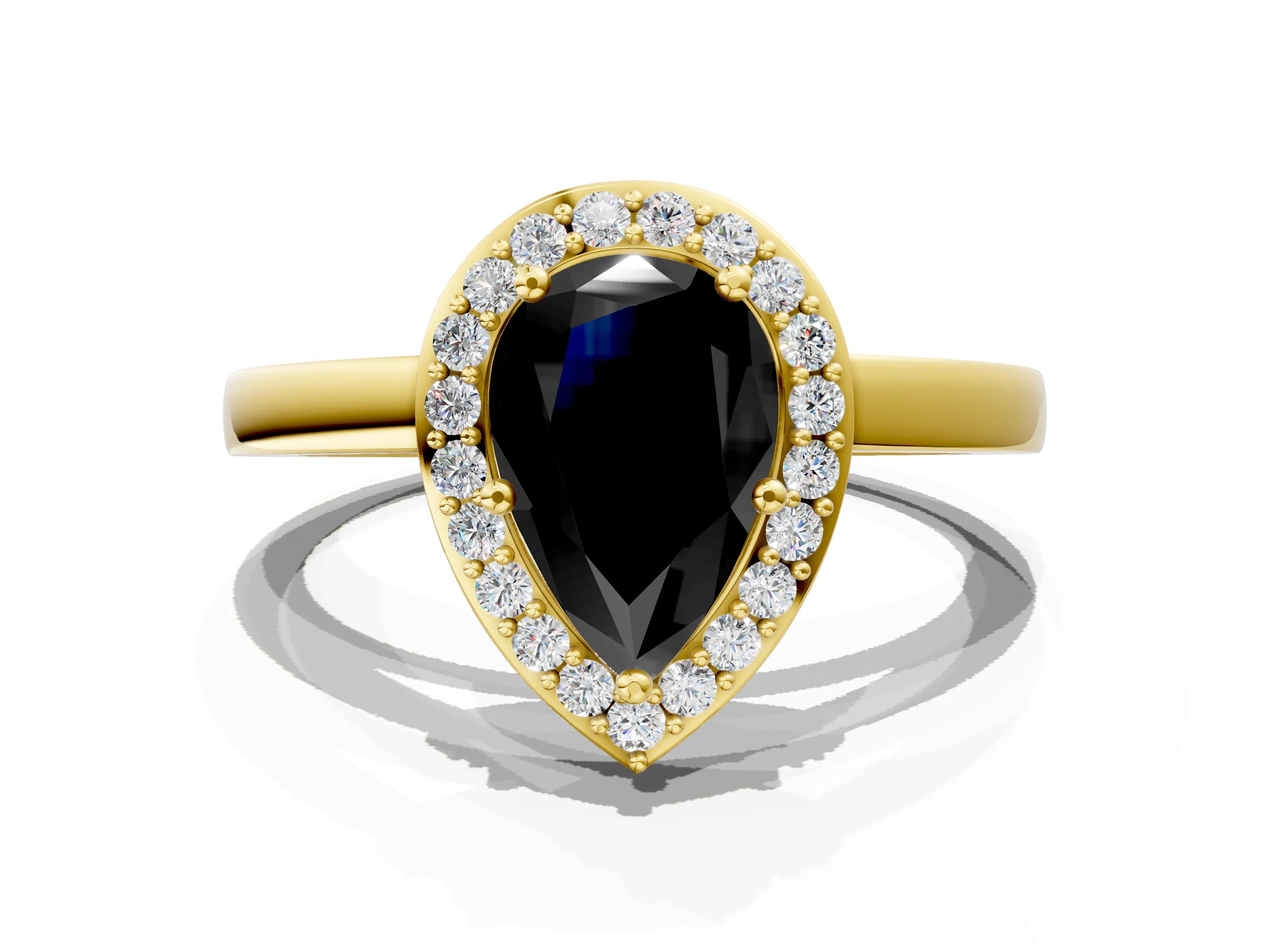 Yellow gold Fancy Black Pear Cut Halo Diamond Ring with Solitaire Band and Prong Setting