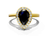 Yellow gold Fancy Black Pear Cut Halo Diamond Ring with Solitaire Band and Prong Setting