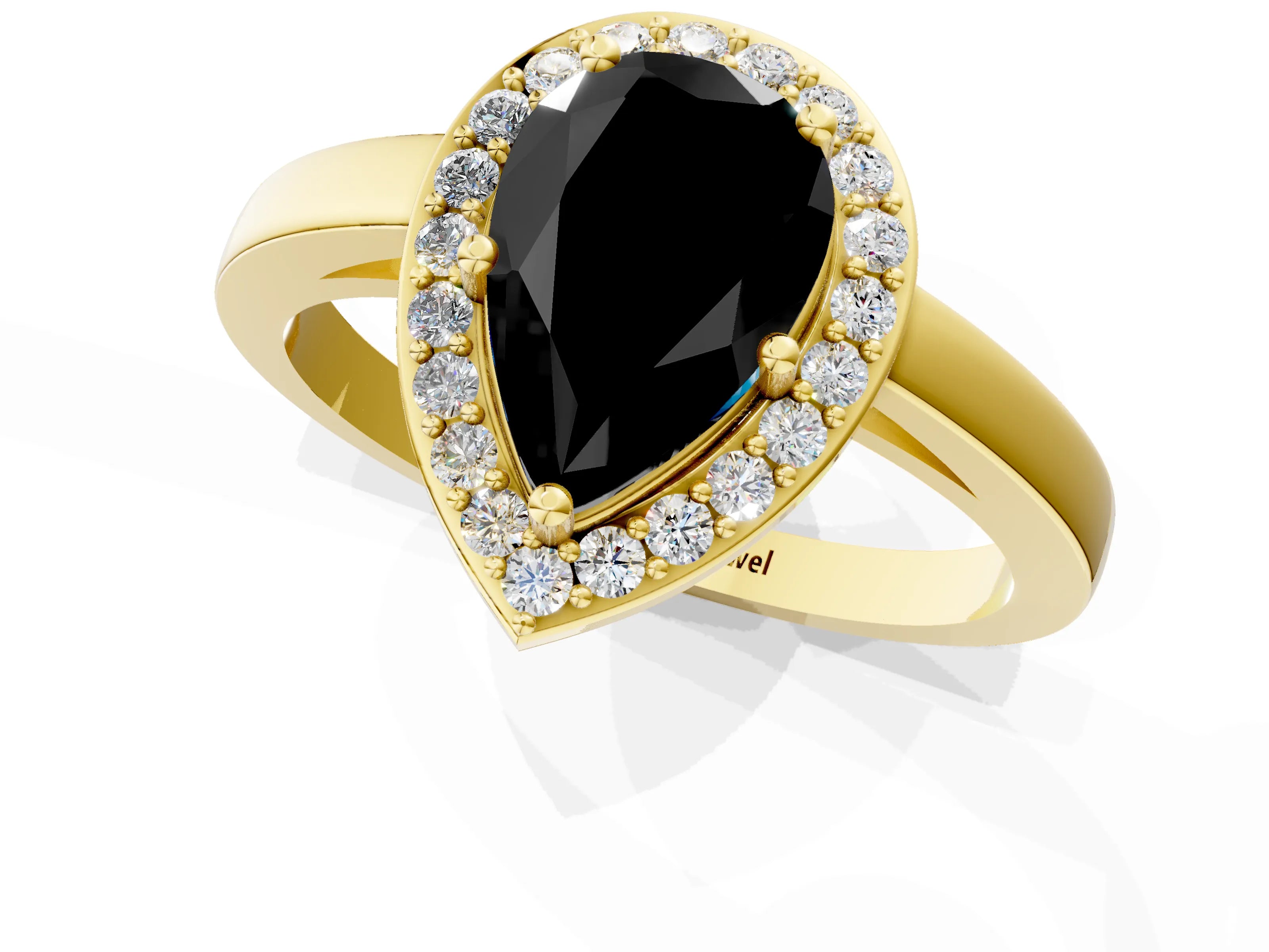 Yellow gold Fancy Black Pear Cut Halo Diamond Ring with Solitaire Band and Prong Setting_1