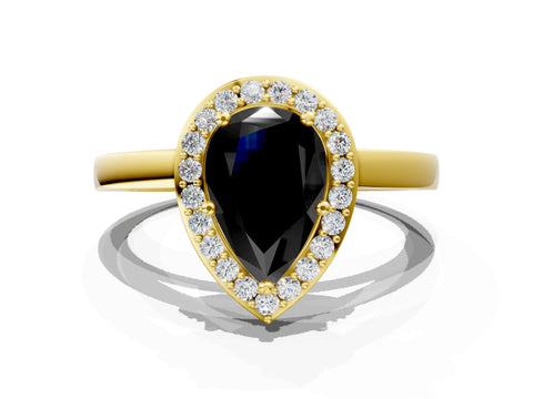 Yellow gold Fancy Black Pear Cut Halo Diamond Ring with Solitaire Band and Prong Setting