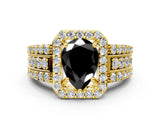 Yellow gold Fancy Black Pear Cut Halo Diamond Ring with Split Shank and Four-Prong Setting