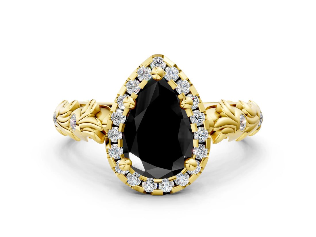 Yellow gold Fancy Black Pear Cut Halo Diamond Solitaire with Filigree Band and Four-Prong Setting