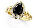 Yellow gold Fancy Black Pear Cut Halo Diamond Solitaire with Filigree Band and Four-Prong Setting_1