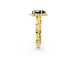 Yellow gold Fancy Black Pear Cut Halo Diamond Solitaire with Filigree Band and Four-Prong Setting_2