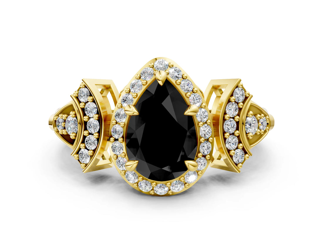Yellow gold Fancy Black Pear Cut Halo Diamond Split Shank Engagement Ring with Four-Prong Setting