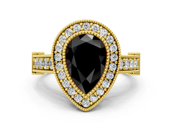 Yellow Gold Pear-Shaped Vintage Bezel Halo Engagement Ring Setting for Black Center