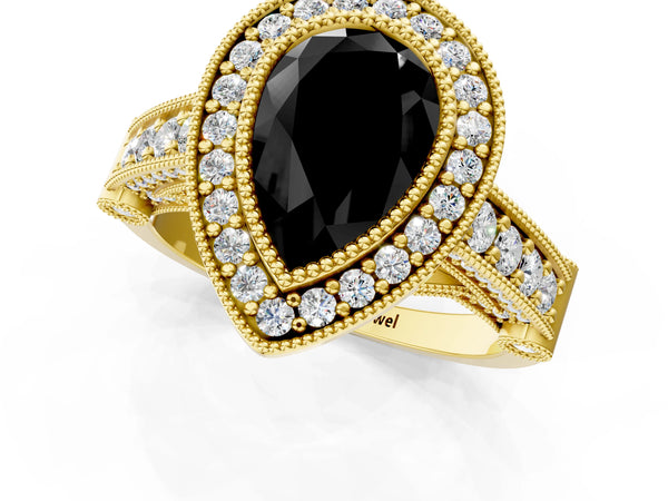 Yellow Gold Pear-Shaped Vintage Bezel Halo Engagement Ring Setting for Black Center