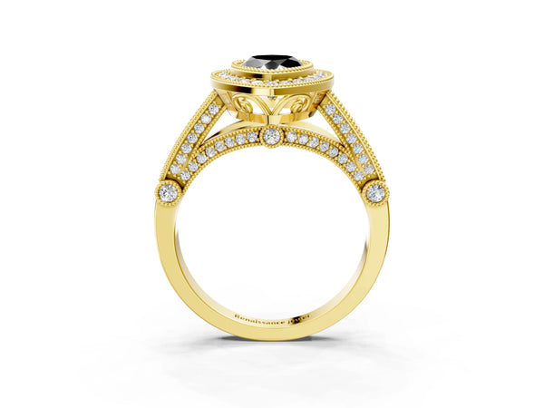 Yellow Gold Pear-Shaped Vintage Bezel Halo Engagement Ring Setting for Black Center