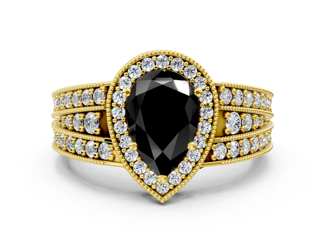 Yellow gold Fancy Black Pear Cut Halo Diamond Split Shank Ring with Prong Setting