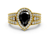 Yellow gold Fancy Black Pear Cut Halo Diamond Split Shank Ring with Prong Setting