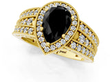 Yellow gold Fancy Black Pear Cut Halo Diamond Split Shank Ring with Prong Setting_1
