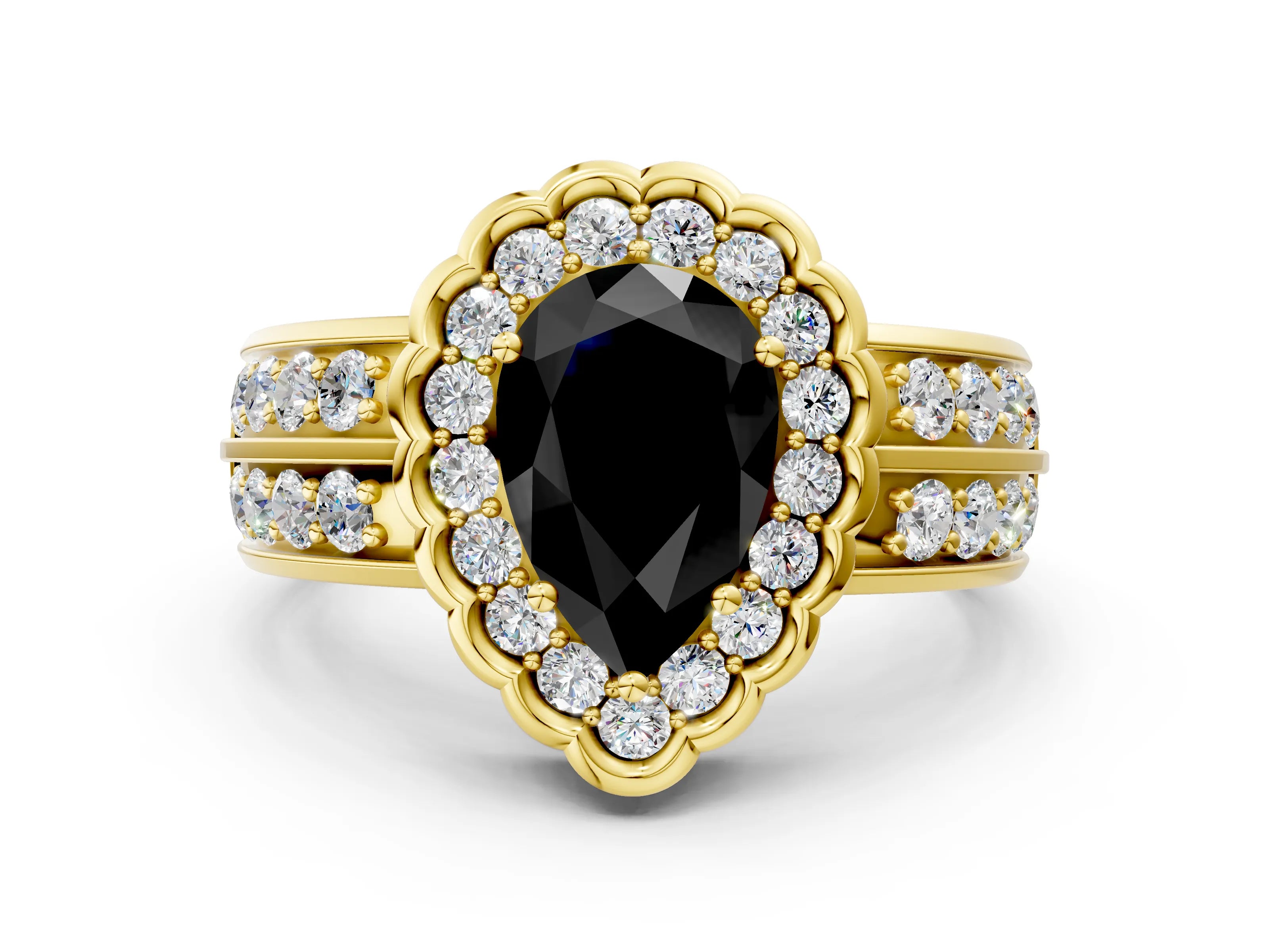 Yellow gold Fancy Black Pear Cut Halo Diamond Split Shank Ring with Scalloped Prong Setting