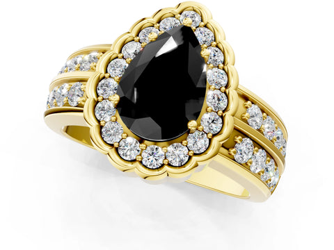 Yellow gold Fancy Black Pear Cut Halo Diamond Split Shank Ring with Scalloped Prong Setting_1