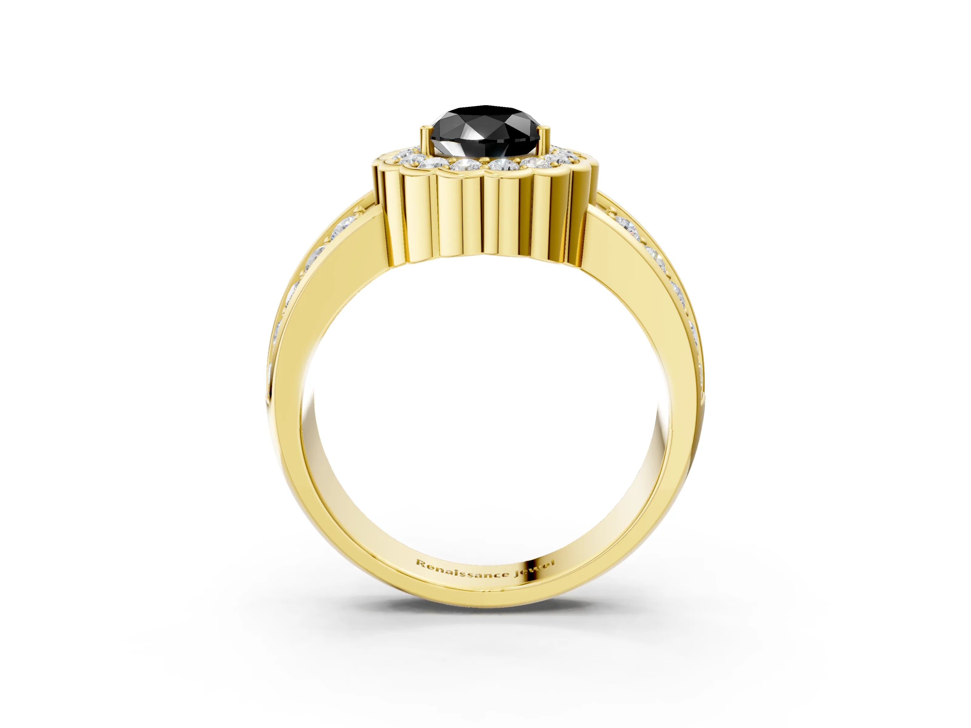 Yellow gold Fancy Black Pear Cut Halo Diamond Split Shank Ring with Scalloped Prong Setting_3