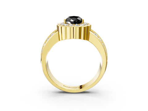 Yellow gold Fancy Black Pear Cut Halo Diamond Split Shank Ring with Scalloped Prong Setting_3