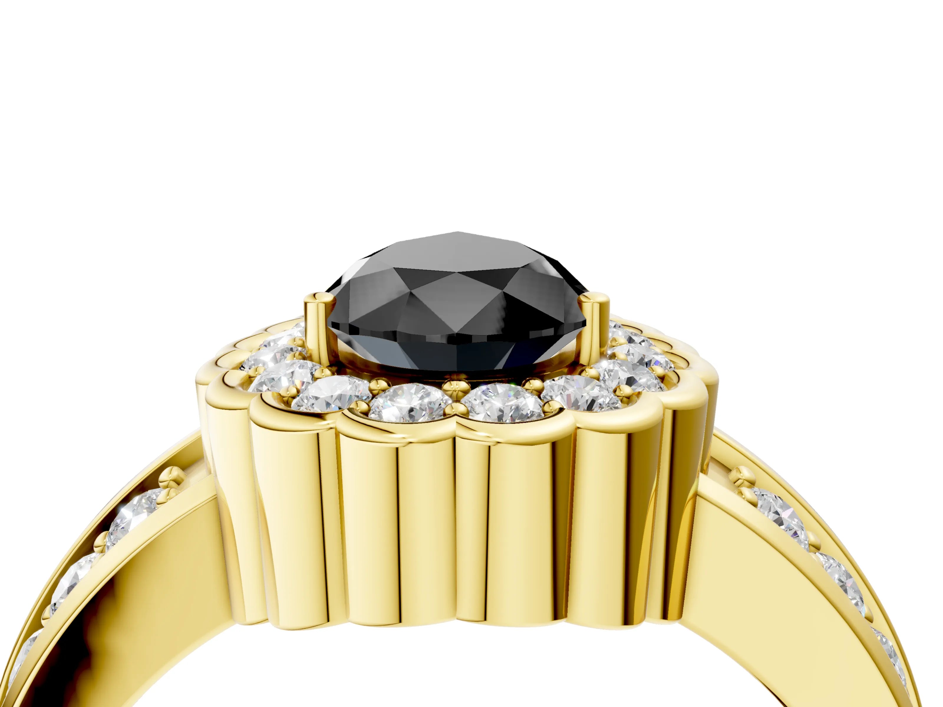 Yellow gold Fancy Black Pear Cut Halo Diamond Split Shank Ring with Scalloped Prong Setting_4