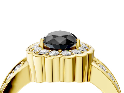 Yellow gold Fancy Black Pear Cut Halo Diamond Split Shank Ring with Scalloped Prong Setting_4