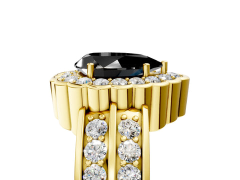 Yellow gold Fancy Black Pear Cut Halo Diamond Split Shank Ring with Scalloped Prong Setting_5