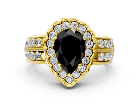 Yellow gold Fancy Black Pear Cut Halo Diamond Split Shank Ring with Scalloped Prong Setting