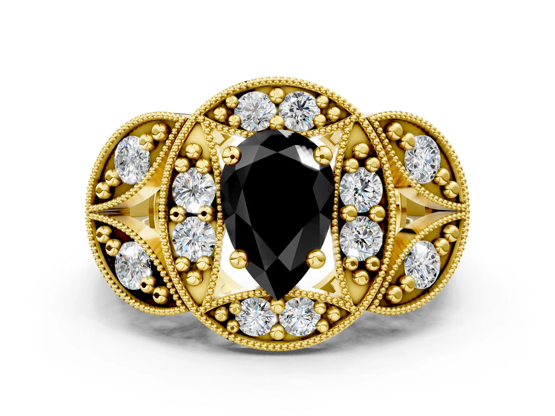 Yellow gold Fancy Black Pear Cut Halo Milgrain Diamond Engagement Ring with Leaf Band and Four-Prong Setting
