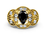 Yellow gold Fancy Black Pear Cut Halo Milgrain Diamond Engagement Ring with Leaf Band and Four-Prong Setting