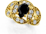 Yellow gold Fancy Black Pear Cut Halo Milgrain Diamond Engagement Ring with Leaf Band and Four-Prong Setting_1