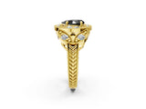 Yellow gold Fancy Black Pear Cut Halo Milgrain Diamond Engagement Ring with Leaf Band and Four-Prong Setting_2