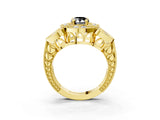 Yellow gold Fancy Black Pear Cut Halo Milgrain Diamond Engagement Ring with Leaf Band and Four-Prong Setting_3
