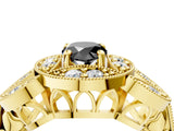 Yellow gold Fancy Black Pear Cut Halo Milgrain Diamond Engagement Ring with Leaf Band and Four-Prong Setting_4