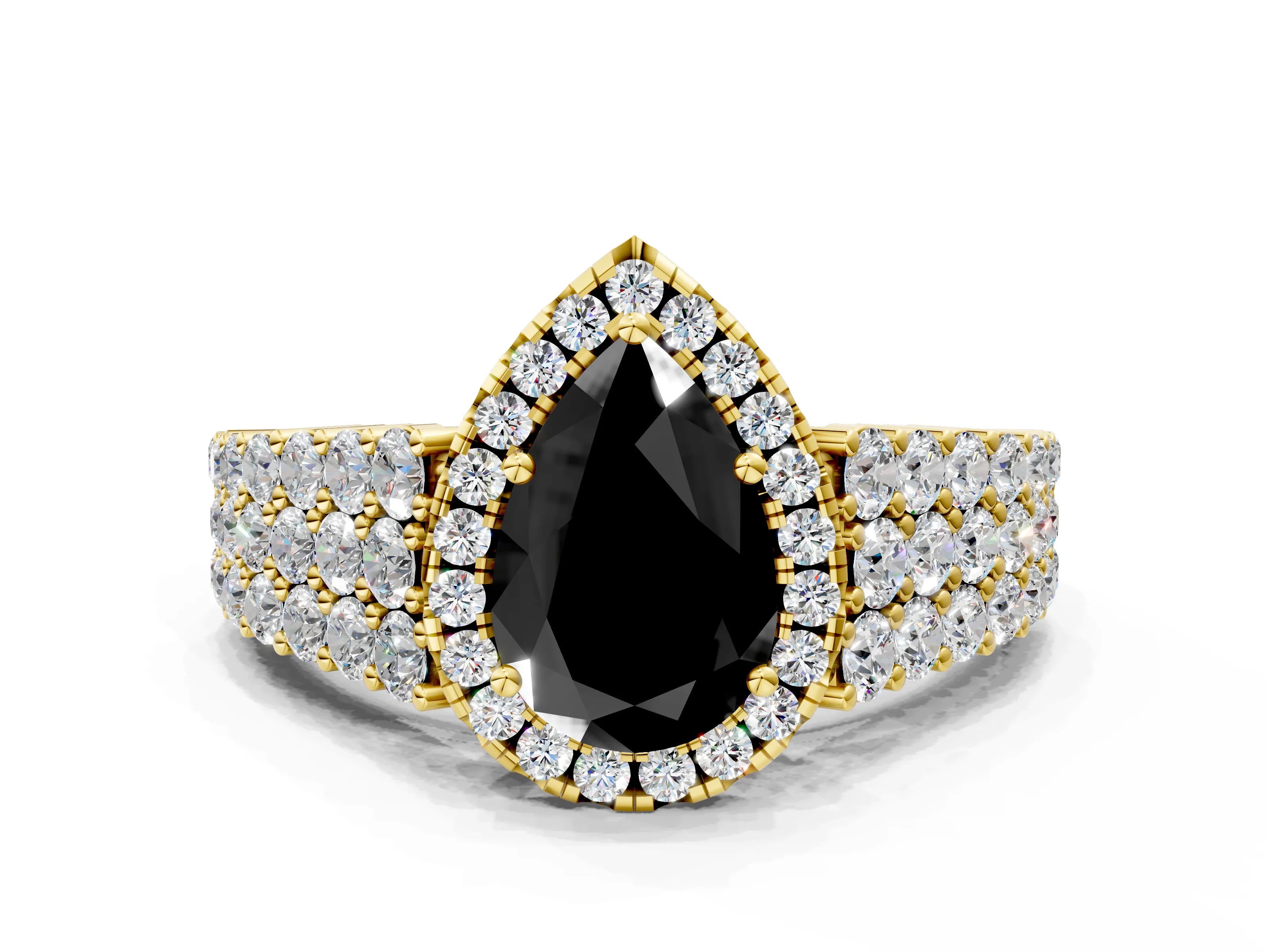 Yellow gold Fancy Black Pear Cut Halo Pavé Diamond Engagement Ring with Split Shank and Four-Prong Setting_3