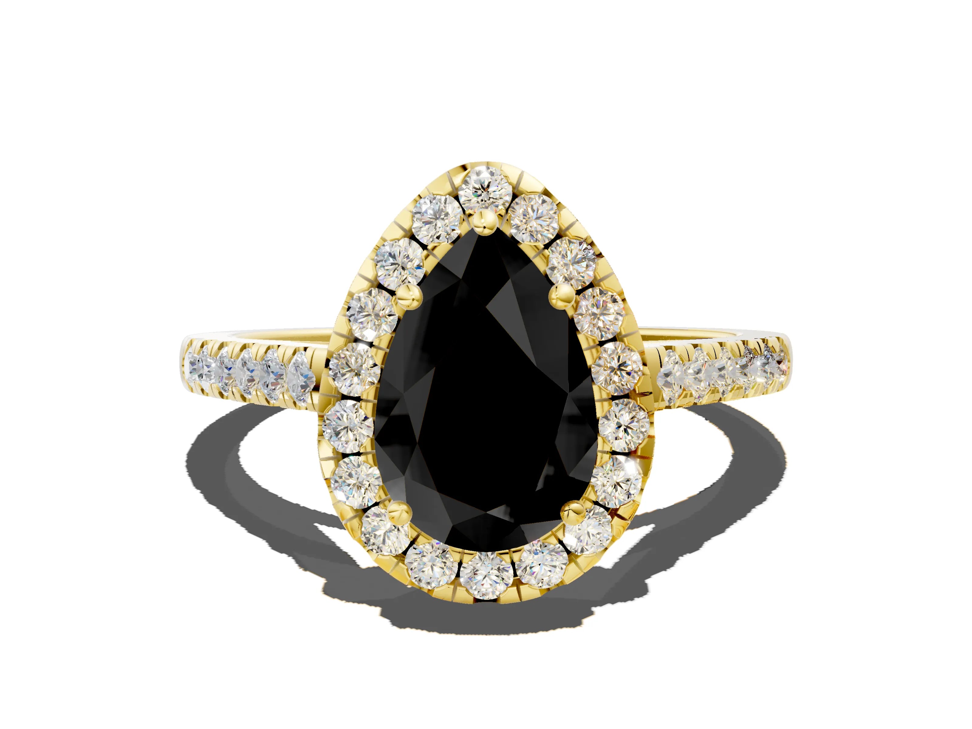 Yellow gold Fancy Black Pear Cut Halo Pave Diamond Engagement Ring with Four-Prong Setting