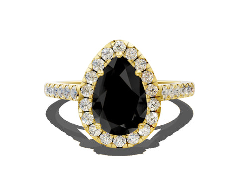Yellow gold Fancy Black Pear Cut Halo Pave Diamond Engagement Ring with Four-Prong Setting